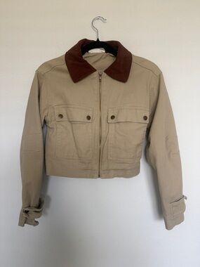 No Boundaries Khaki Utility Crop Jacket with Brown Corduroy Collar